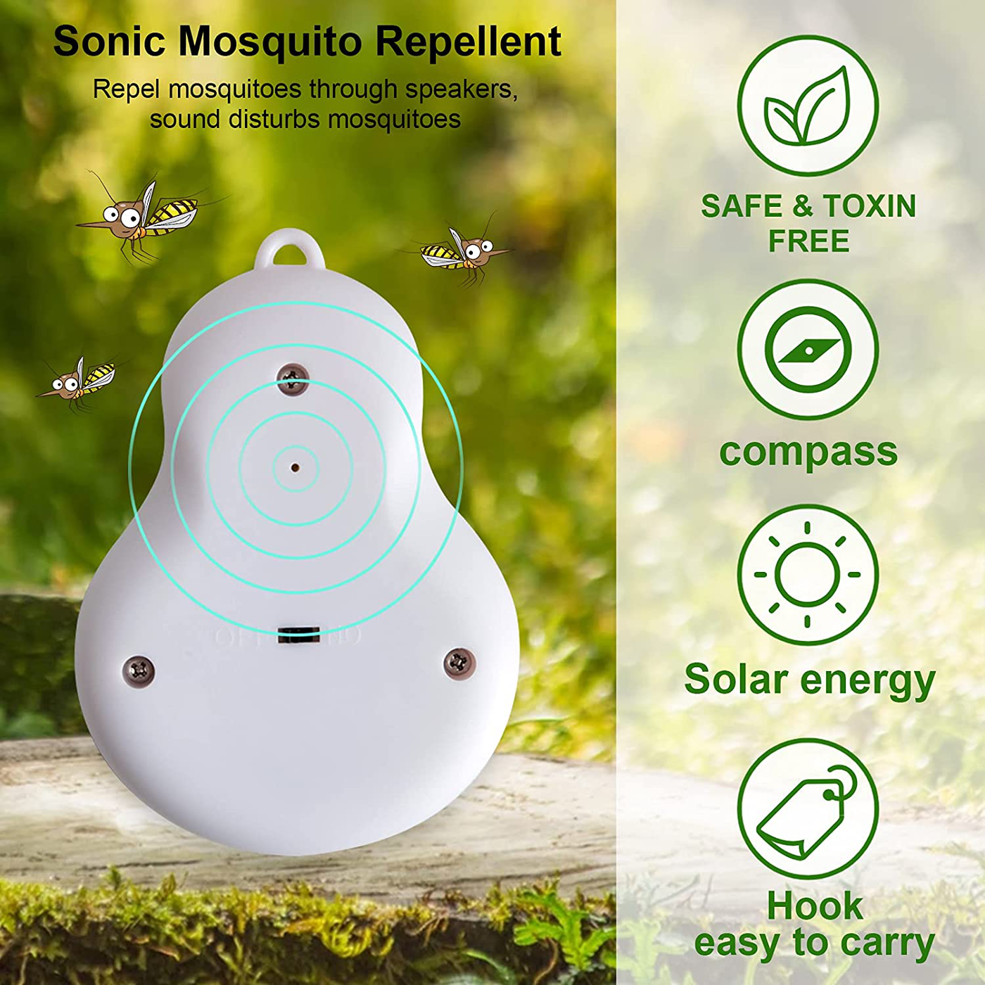 Solar Ultrasonic Outdoor Mosquito Repellent Bug Zapper Outdoor with Compass, Zapper Mosquito Can be Hung Zapper Electronic Insect Killer Design for Camping, Mountaineering, Picnic, Cycling