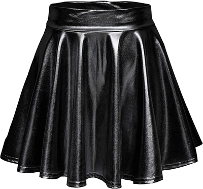 EXCHIC Women's Shiny Metallic Wet Look Stretchy Flared Mini Skater Skirt