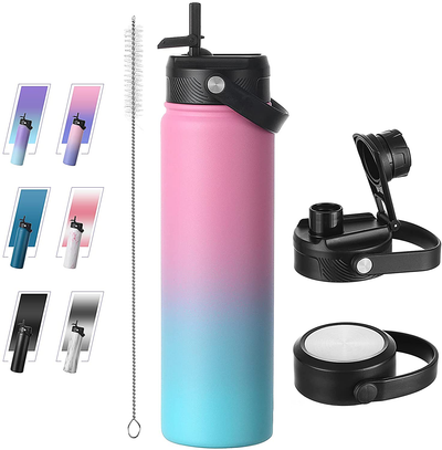 Bluego 32oz Stainless Steel Water Bottle with 3 Lids -Straw-Spout-Handle Lids, Vacuum Wide Mouth Reusable Metal Water Bottles,Keeps Hot and Cold Leak-Proof Sports Flask-PinkBule