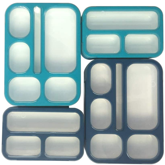 Bento Lunch Box and Snack Container Set of 4 | Meal Planning Portion Containers For Kids or Adults, School or Work | BPA Free | Microwave Safe | Accessories | Blue & Navy Large and Mini 4 pack