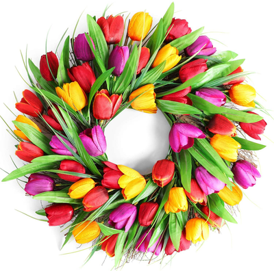 Heflashor Tulip Wreath Summer Door Wreath,16.5 Inch Artificial Flower Tulip Wreath for Spring Floral, Wreaths Summer Front Door Wreath Home Décor Hanging Wreath for Front Door Wreath