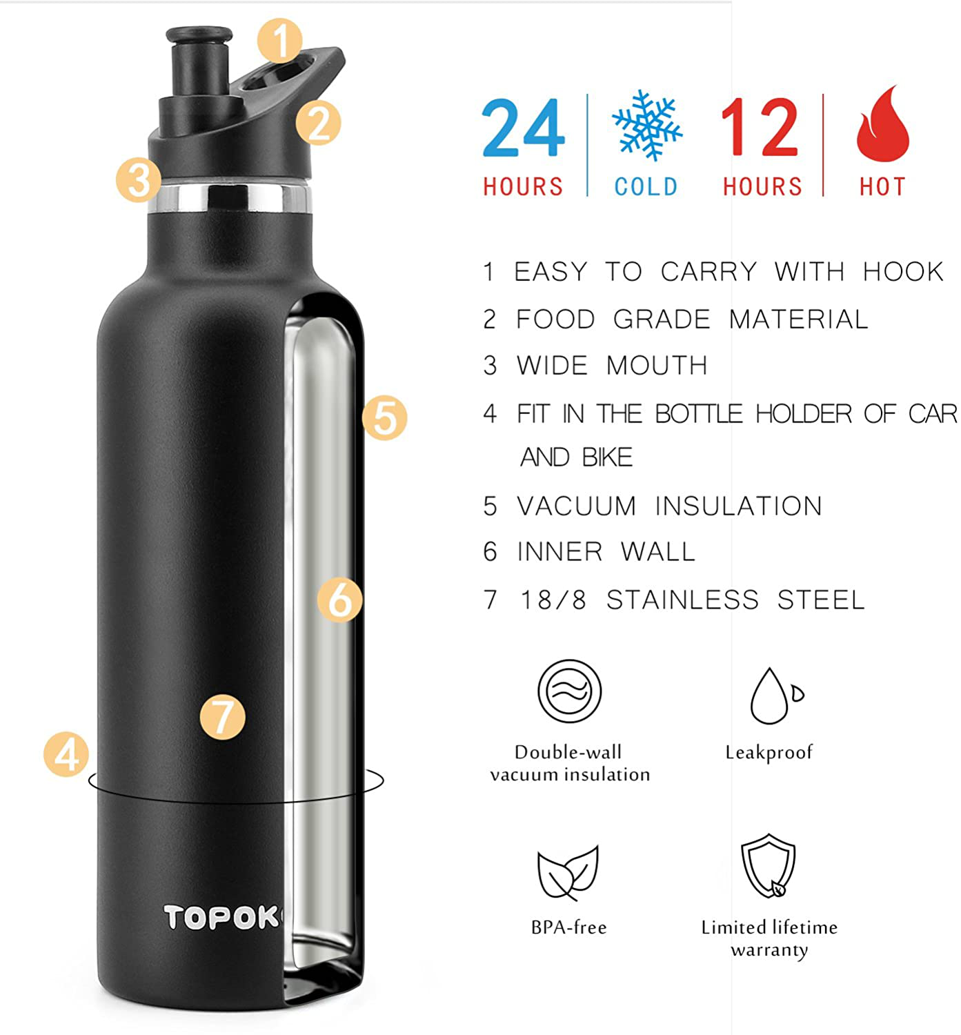 TOPOKO 25 OZ Hydro Double Wall Flask Stainless Steel Water Bottle, Bite Valve Top, Vacuum Insulated, Sweat Proof, Leak Proof Sports Thermos. Standard Mouth 25oz, BPA-Free, Keep Cold 24 Hours (Black)