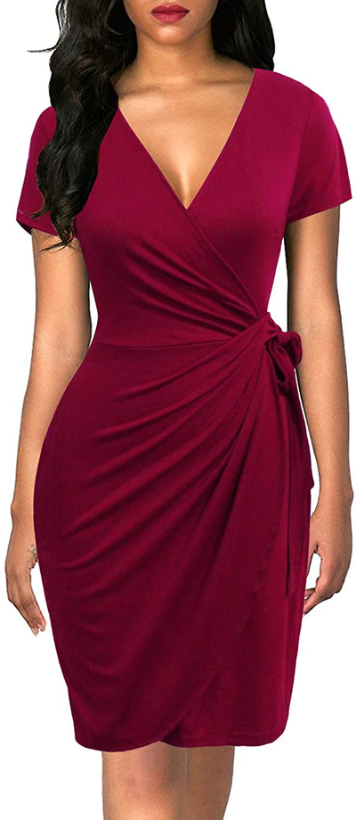 Lyrur Women's Classic V-Neck Casual Party Knee Length Sheath Work Short Sleeve Faux Black Wrap Dress