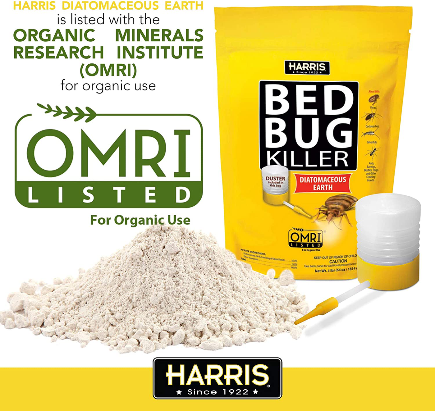 Harris Bed Bug Killer, Diatomaceous Earth (4lb with Duster Included Inside The Bag)