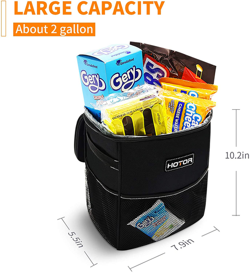 HOTOR Car Trash Can with Lid and Storage Pockets, 100% Leak-Proof Car Organizer, Waterproof Car Garbage Can, Multipurpose Trash Bin for Car - Black
