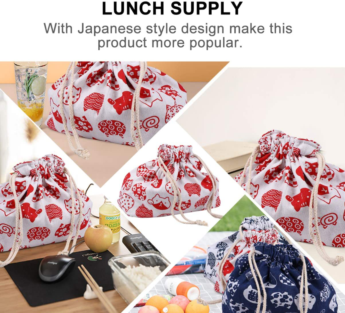 Toyvian Japanese Style Lunch Tote Bag Double Layers Cotton Linen Lunch Pouch Burlap Drawstring Storage Bag Box for Outdoor Activities Travel Business Office School Lunches White