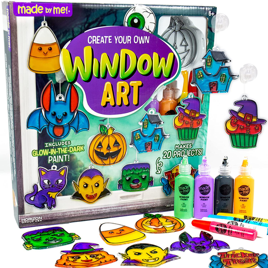 Made By Me Create Your Own Halloween Window Art by Horizon Group USA, Make 20 Projects, Includes Suncatcher Frames & Window Clings, Glow-in-The-Dark Paint, Paint Tubes, Suction Cups & Cording,Multi