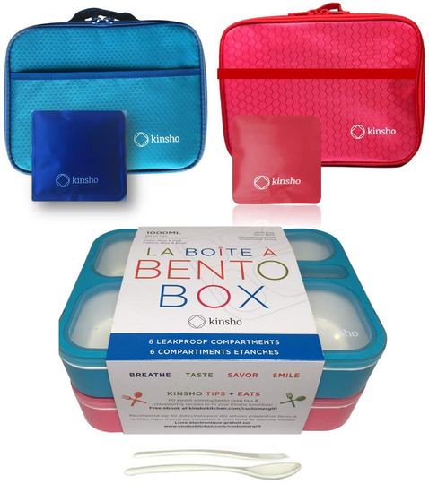 Kid Bento Lunch Box with Bag, Ice Packs | 2 Boxes & Bags & Cold Pack for Kids Adults | Value Container Set for School Lunches, 6 Compartments Leakproof BPA Free, Two Blue & Pink