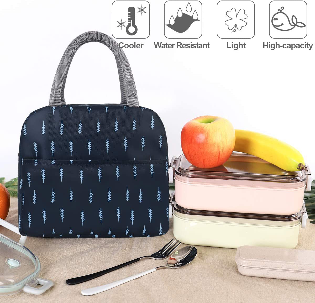 Buringer Reusable Insulated Lunch Bag Cooler Tote Box with Front Pocket Zipper Closure for Woman Man Work Picnic or Travel (Dark Blue White Strip，Large Size)
