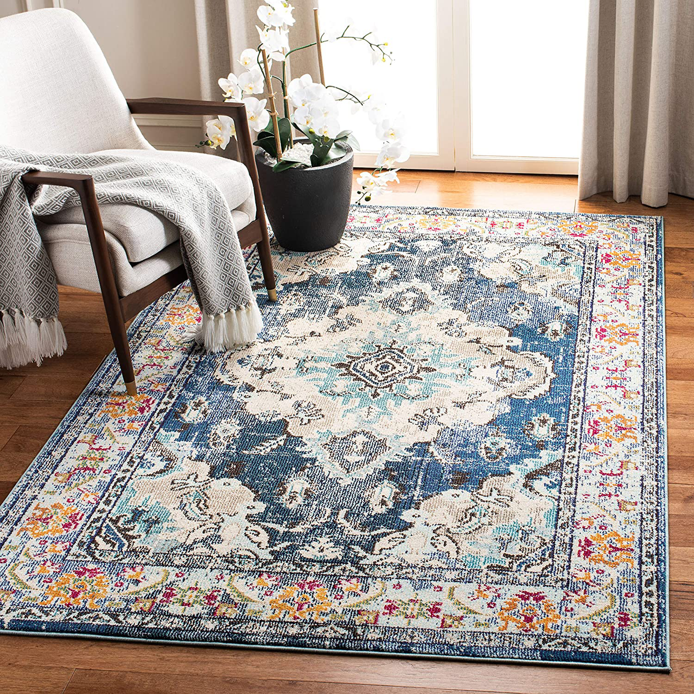 Safavieh Monaco Collection MNC243N Boho Chic Medallion Distressed Non-Shedding Stain Resistant Living Room Bedroom Area Rug, 3' x 5', Navy / Light Blue