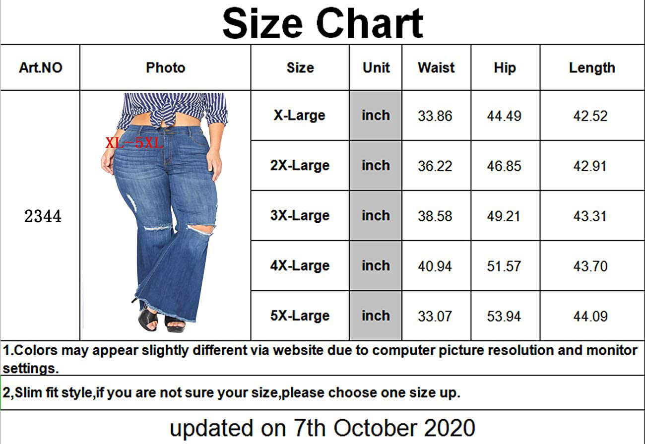 Women's Plus Size Bell Bottom Jeans Elastic Ripped Hole Classic Denim Flare Pants 5XL