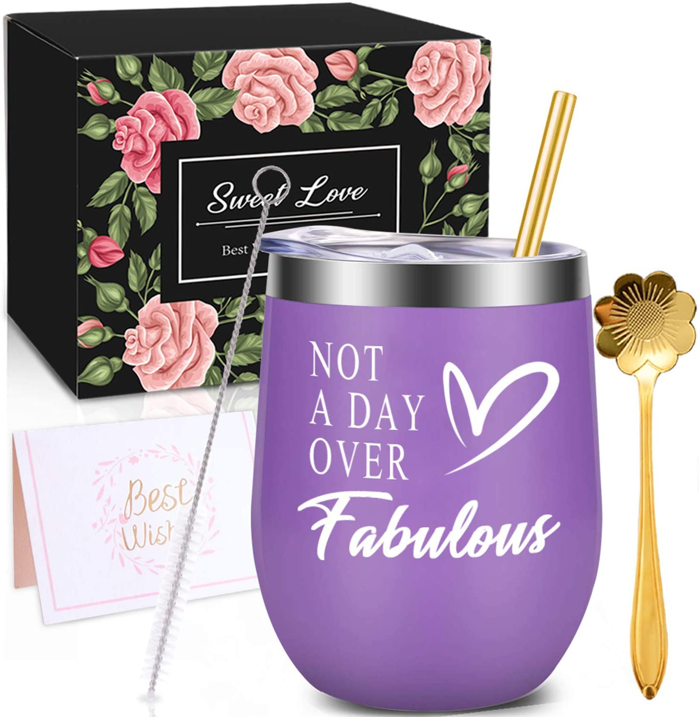 WONDAY Gifts for Women-Birthday Gifts for Women-Wine Gifts Ideas for Women, Mother, BFF, Mom, Friends, Wife, Daughter, Sister, 12 OZ Stainless Steel Wine Tumbler with Lid and Coffee Spoon (Purple)