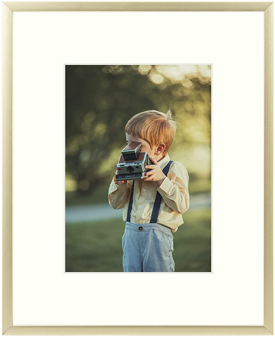 Frametory, 12x16 inch Gold Metal Picture Frame - Aluminum Thin Molding - Photo Frame with Ivory Color Mat for 8.5x11Wall Art & Pre-installed Mounting hardware - Real Glass