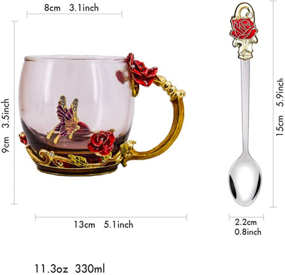 Luka Tech Enamels Butterfly flower Lead-free Glass Coffee Mugs Tea Cup with Steel Spoon, personalised Gifts For Women Wife Mom Friends Birthday Mothers Valentines Day Wedding (Blue)