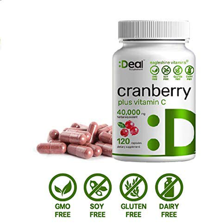 Deal Supplement Cranberry Pills with Vitamin C , Fruit Concentrate 100:1- Equals to 40,000 mg Fresh Cranberries- 120 Capsules, Cleanse & Protect Urinary Tract, Immune Booster - 3 Months Supply