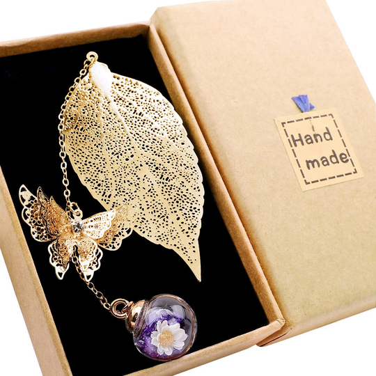 Metal Leaf Bookmark with 3D Butterfly Pendant