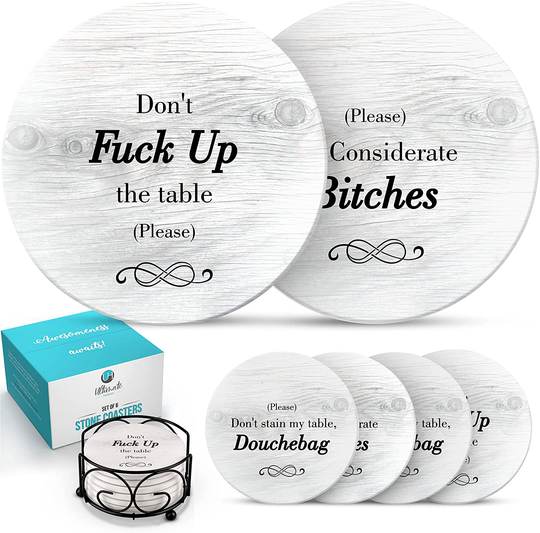 Funny Coasters for Drinks with Holder - Absorbent Drink Coasters Set 6 Pcs - 3 Sayings - Housewarming Gift for Friends - Men, Women Birthday - Cool Home Decor - Living Room, Kitchen, Bar Decorations