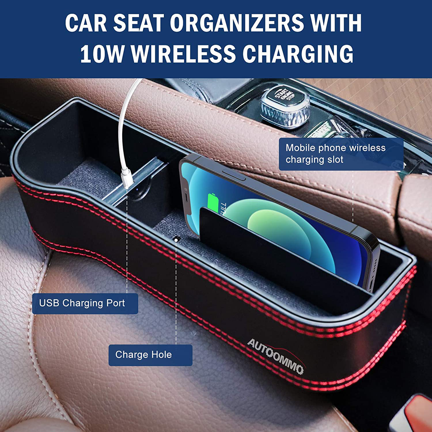 Car Seat Gap Filler - AUTOOMMO 2 Pack Car Seat Gap Organizer with 10W Wireless Charging Car Front Seat Organizer PU Leather Console Side Storage for Phones Wallets Keys Sunglasses