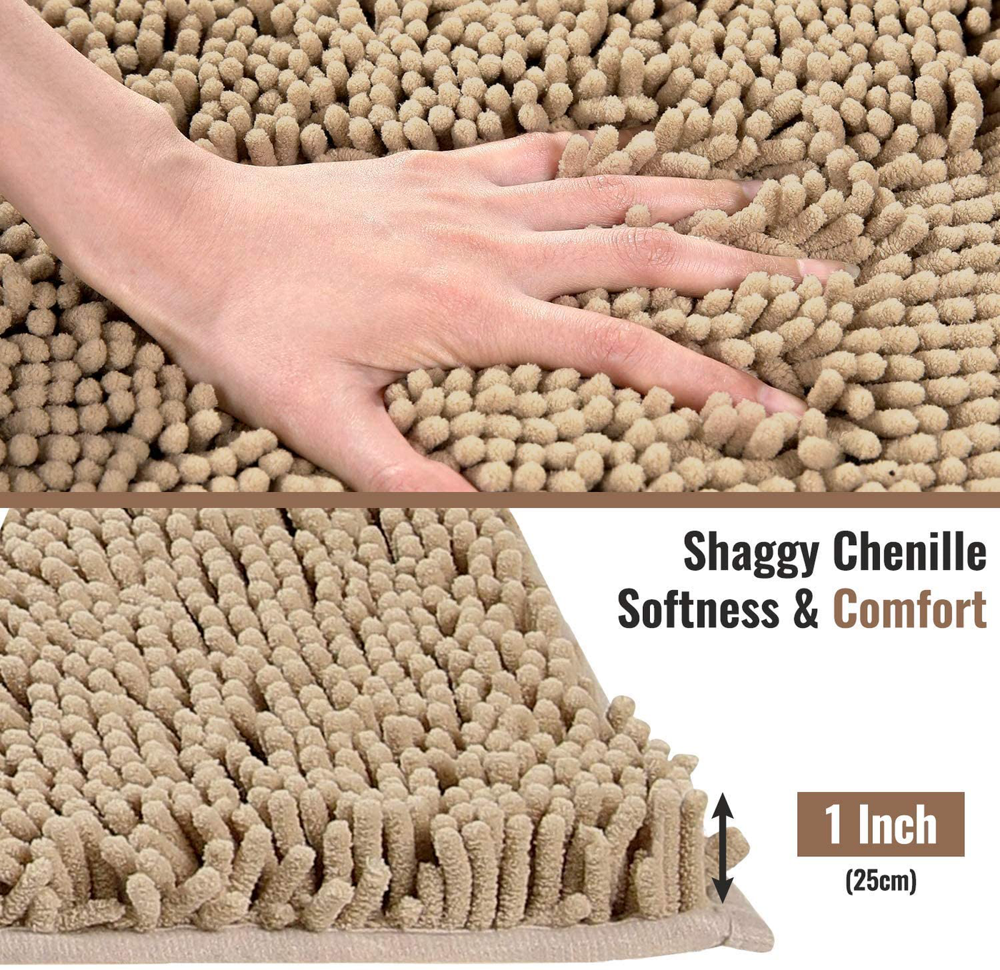 15.7"x23.6" Chenille Microfiber Material Light Brown. Non-Slip Bath Mat Rug, Plush Super Water Absorbent Machine Wash/Dry Shaggy Toilet Extra Soft