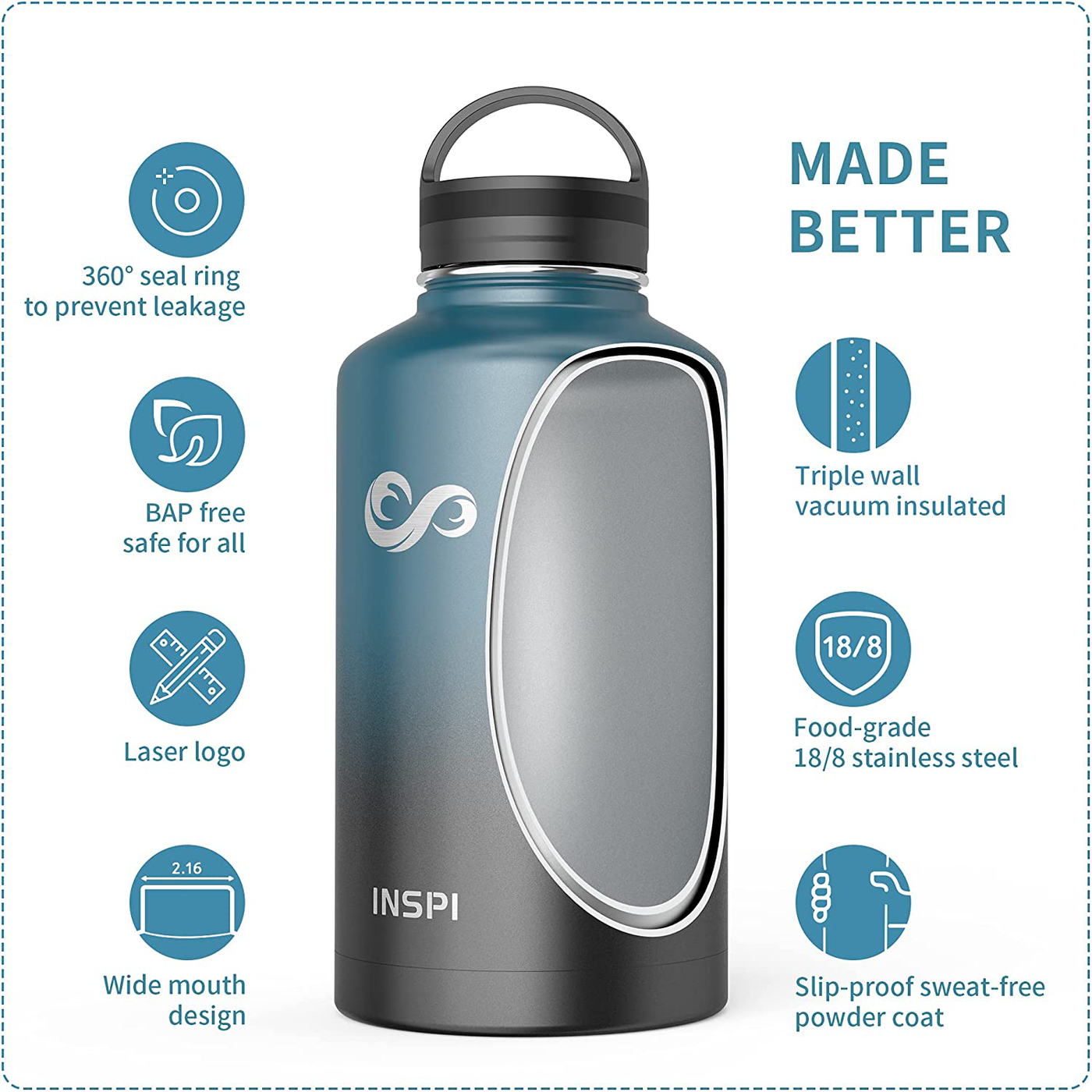 INSPI 64 oz Insulated Water Jug, Stainless Steel Water Bottle with Straw Spout Handle Lid, Double Wall Vacuum Water Flask, Sweat-proof Leak Proof Thermo Keep Beverages Cold or Hot, Indigo Black Ombre