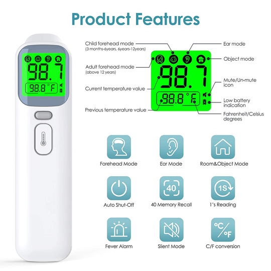 Infrared Thermometer Forehead Ear Thermometer for Fever, KKmier Digital Medical Thermometer No Touch LCD Instant Readings, Memory Function with Color Change Alarm for Adults Baby Kids