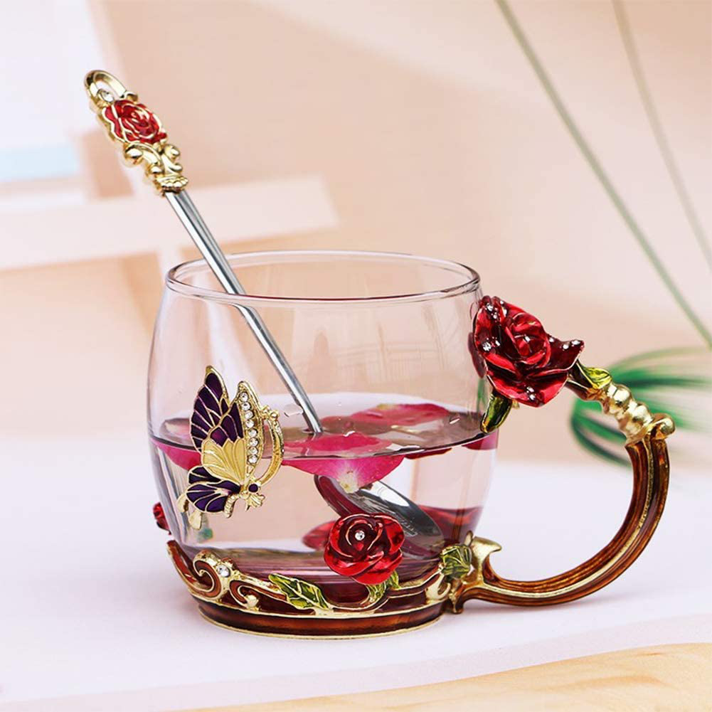 Luka Tech Enamels Butterfly flower Lead-free Glass Coffee Mugs Tea Cup with Steel Spoon, Best Birthday Gifts For Women Wife Mom Friends Mothers Valentines Day Christmas (Purple-Tall)