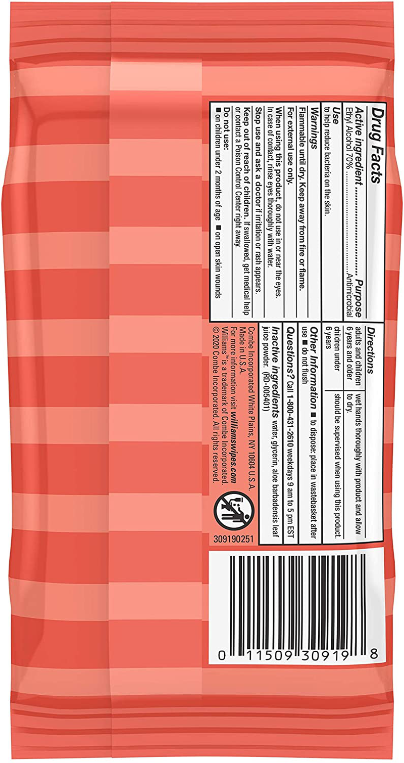 Hand Sanitizer Wipes by Williams, Antibacterial, Kills 99.99% of Common Bacteria, 70% Alcohol, With Moisturizing Gylcerin + Aloe, Fragrance Free, Keeps Hands Clean On The Go, 20 Wipes