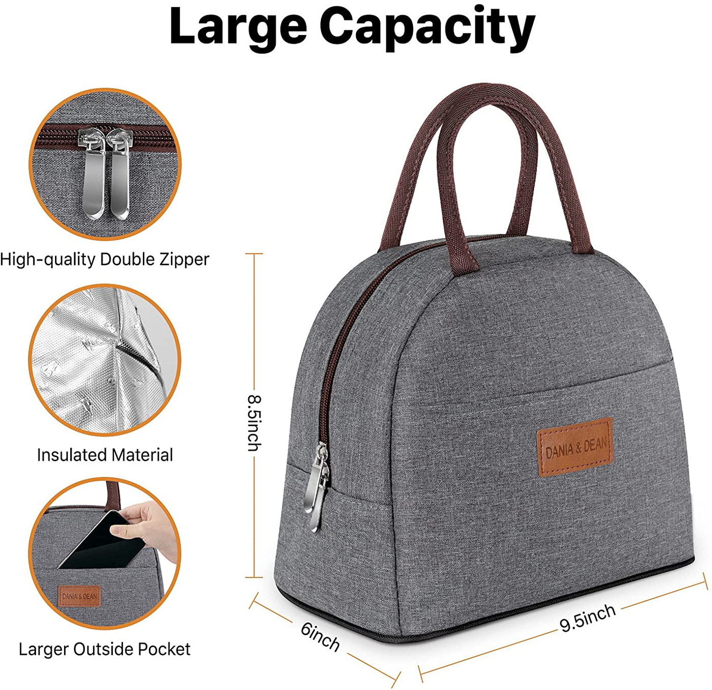 DANIA & DEAN Durable Insulated Lunch Bag for Women/Kids Double Zippers Wide Open Tote Bag Leakproof Thermal and Cooler Reusable Lunch Box for Office/School/Outdoor (Gray)