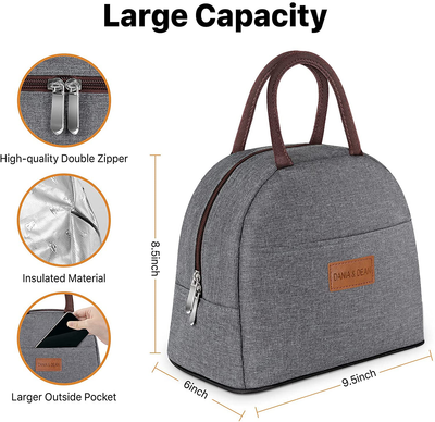 DANIA & DEAN Durable Insulated Lunch Bag for Women/Kids Double Zippers Wide Open Tote Bag Leakproof Thermal and Cooler Reusable Lunch Box for Office/School/Outdoor (Gray)