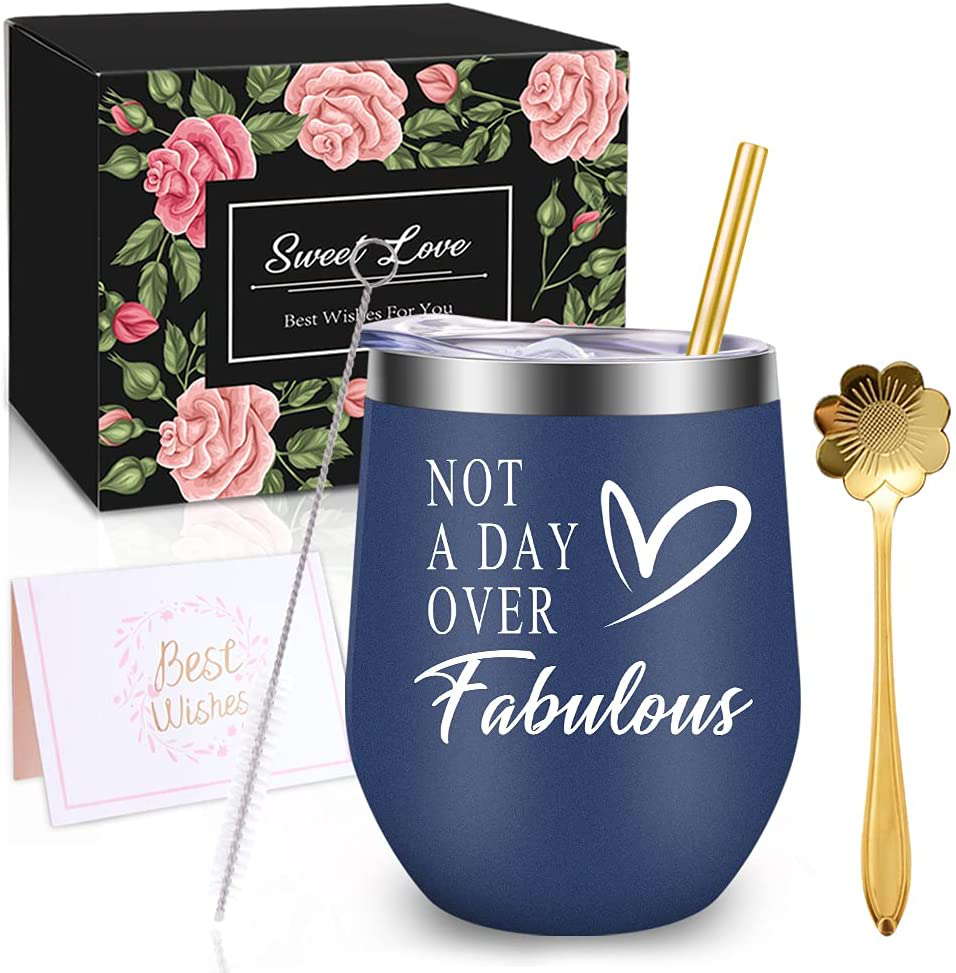WONDAY Gifts for Women-Birthday Gifts for Women-Wine Gifts Ideas for Women, Mother, BFF, Mom, Friends, Wife, Daughter, Sister, 12 OZ Stainless Steel Wine Tumbler with Lid and Coffee Spoon (Navy)