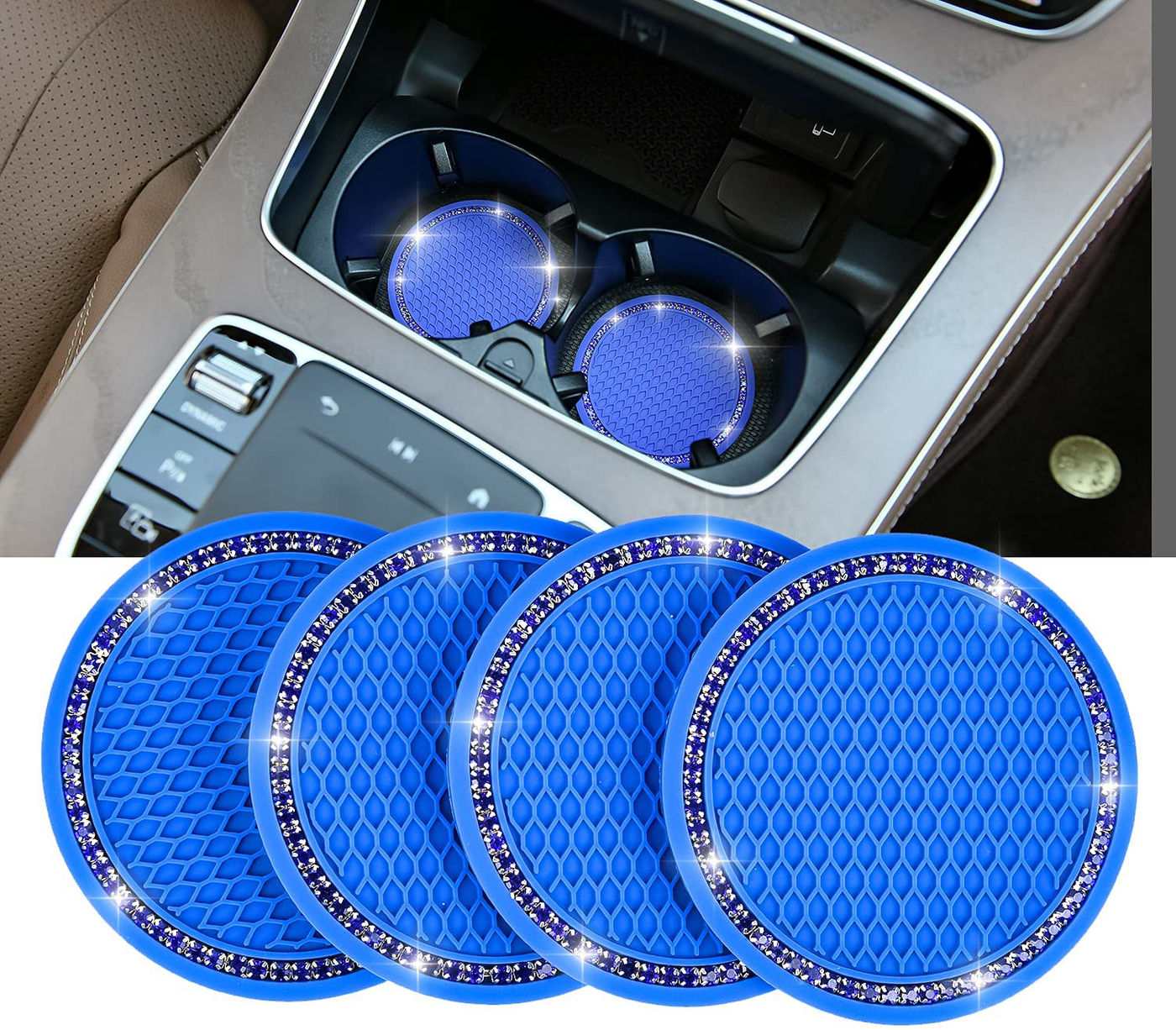 Valleycomfy 4PCS Bling Car Coasters, Universal Vehicle Bling Car Accessories -2.75 inch Silicone Anti Slip Crystal Rhinestone Cup Holder Coasters for Car (Black)