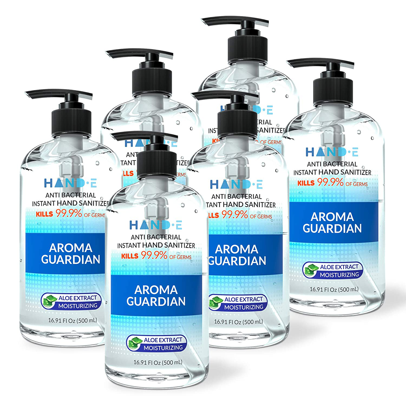 Hand-E Hand Sanitizer Gel Pump - 6 Pack, 16 oz Large Pump Bottle - 75% Ethyl Alcohol Based Instant Sanitizing Gel With Moisturizing Aloe - Kills 99.9% of Germs - Rinse Free