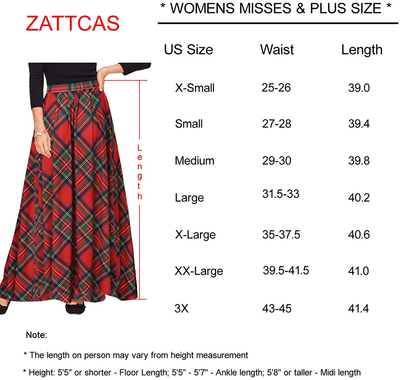 Zattcas Womens Buffalo Plaid High Elastic Waist Pleated Maxi Skirt with Pockets