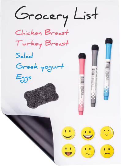 Prefer Green Magnetic Dry Eraser White Board Sheet for Kitchen Refrigerator with Stain Resistant Technology, Organizer & Planner Whiteboard 17” X 12”, Include 1 Eraser, 3 Markers & 6 Fridge Magnets