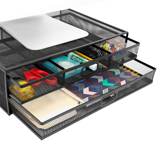 MOUNT-IT! Mesh Computer Monitor Stand Riser [Metal] Desk Organizer with Two Pullout Storage Drawers for Desktop, Laptop, and Printer Accessories and Office Supplies (Black)