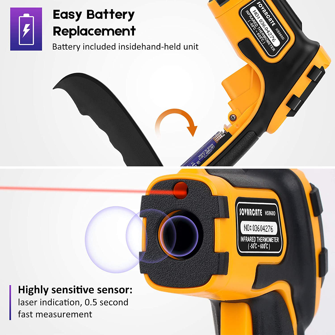 Infrared Thermometer No Touch Digital Laser Temperature Gun with Color Display -58℉～1112℉(-50℃～600℃)Adjustable Emissivity - for Cooking/BBQ/Freezer - Meat Thermometer Included -Non Body Thermometer