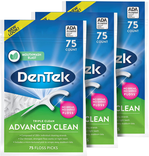 DenTek Triple Clean Advanced Clean Floss Picks, No Break & No Shred Floss, 75 Count, 3 Pack