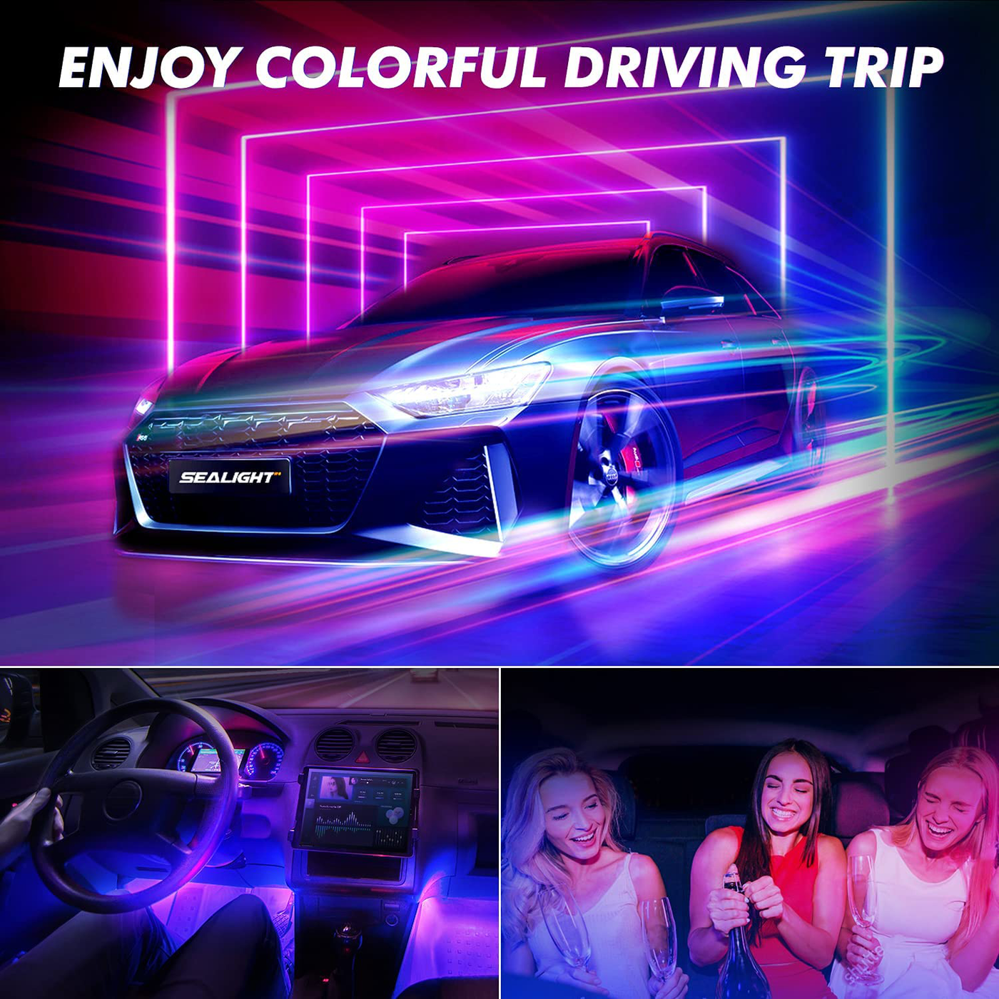 SEALIGHT Interior Car Lights, 72 Car LED Lights, 8 RGB colors, Sound Active Function Under Dash Lighting Kit, USB Light Strips with Control Box and Car Charger