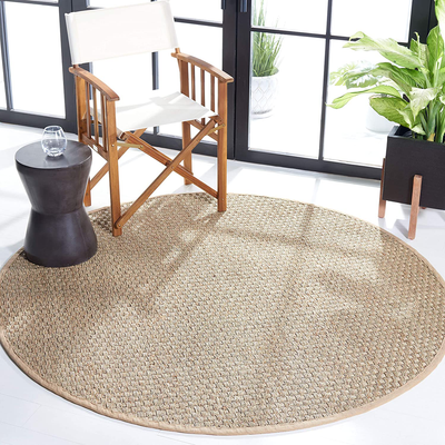 Safavieh Natural Fiber Collection NF114A Border Basketweave Seagrass Area Rug, 4' x 4' Round, Beige