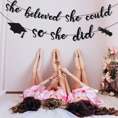 Graduation Party Banner Decorations 2021 Glitter Garland Signs, She Believe She Could So She Did High School College Class of 2021 Grad Party Supplies Favors for Girls,Black