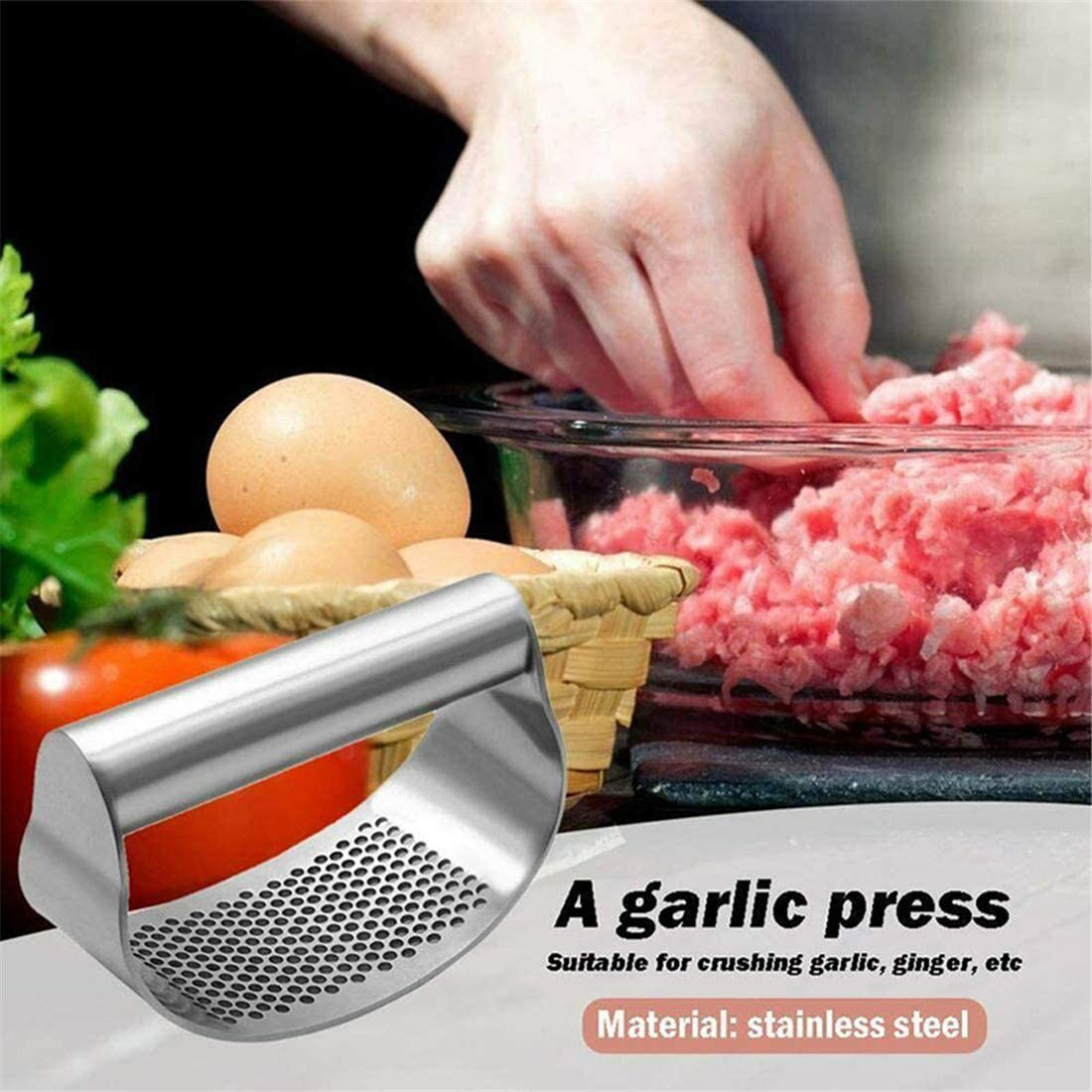 3 Pcs/Set Stainless Steel Rocker Garlic Press Ginger Crusher Squeezer with Silicone Tube Garlic Peeler and Cleaning Brush Kitchen Gadget Tool Set