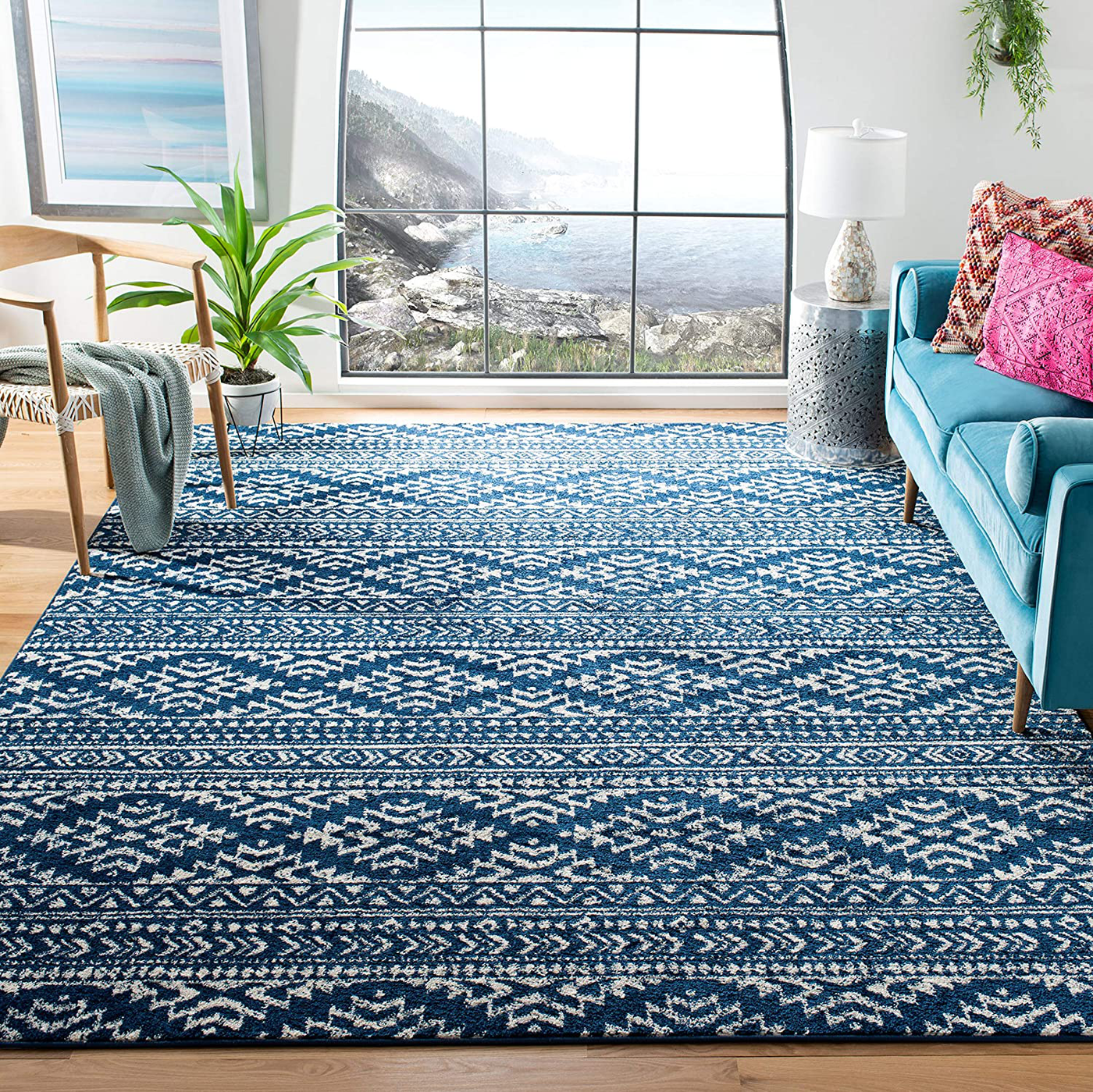 Safavieh Tulum Collection TUL272C Moroccan Boho Tribal Non-Shedding Living Room Bedroom Accent Area Rug, 4' x 6', Ivory / Blue