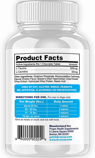 Taurine Supplement for Dogs, Meets RDA of 500 mg per 25lbs Weight Unlike Most Competitors, 120ct, Vet Endorsed for Enlarged Heart (DCM), Congestive Heart Failure (CHF) Taurine Deficiency, Heart Murmur