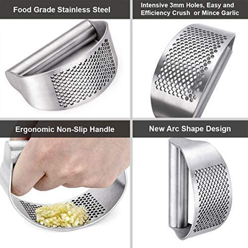 GuDoQi Garlic Press Stainless Steel, Garlic Chooper, Dishwasher Safe, Ergonomic Handle Garlic Mincer, Including Silicone Peeler, Cleaning Brush, Funny Kitchen Tools