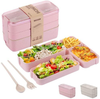 Bento Box Lunch Box for Adults Kids, 3-In-1 Meal Prep Container, 900ML Janpanese Lunch Box with Compartment, Wheat Straw, Leak-proof, Spoon & Fork, BPA-free (Pink)