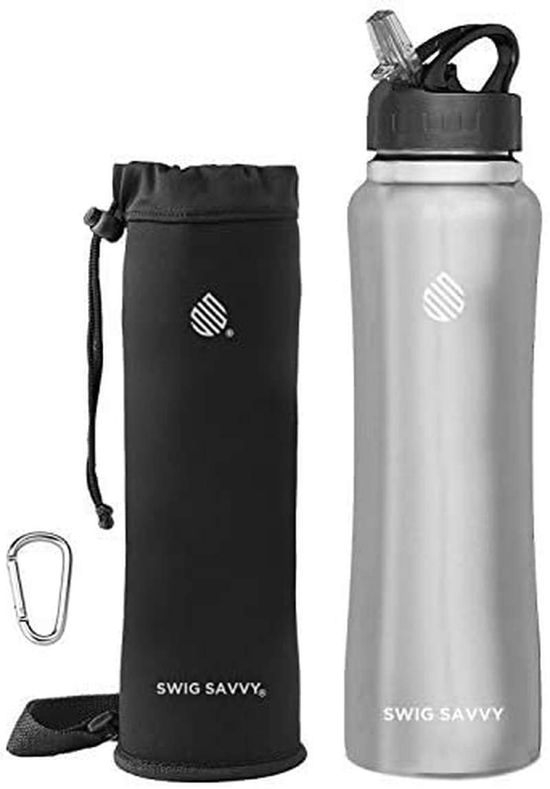 Swig Savvy Stainless Steel Insulated Leak Proof Flip Top Straw Cap Water Bottles with Pouch & Clip, Steel, 32oz