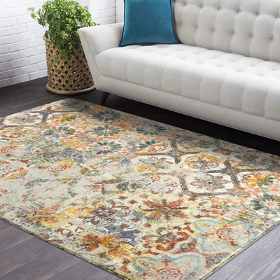Lahome Floral Medallion Collection Area Rug - 3' Diameter Non-Slip Distressed Vintage Area Rug Accent Throw Rugs Floor Carpet for Door Mat Entryway Living Room Bedrooms Decor (3' Diameter, Multicolor)