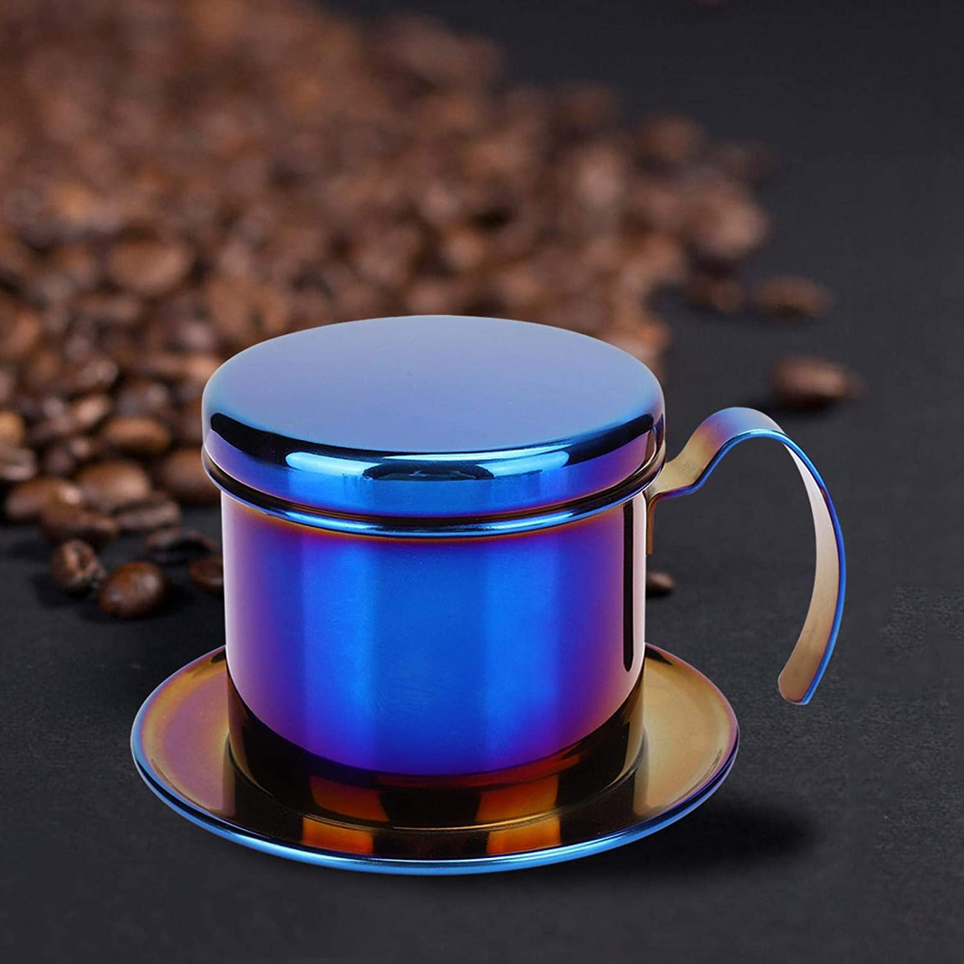 Coffee Drip Filter Pot Stainless Steel Vietnamese Style Coffee Maker Pot Coffee Drip Brewer for Home Kitchen Office Outdoor(blue)