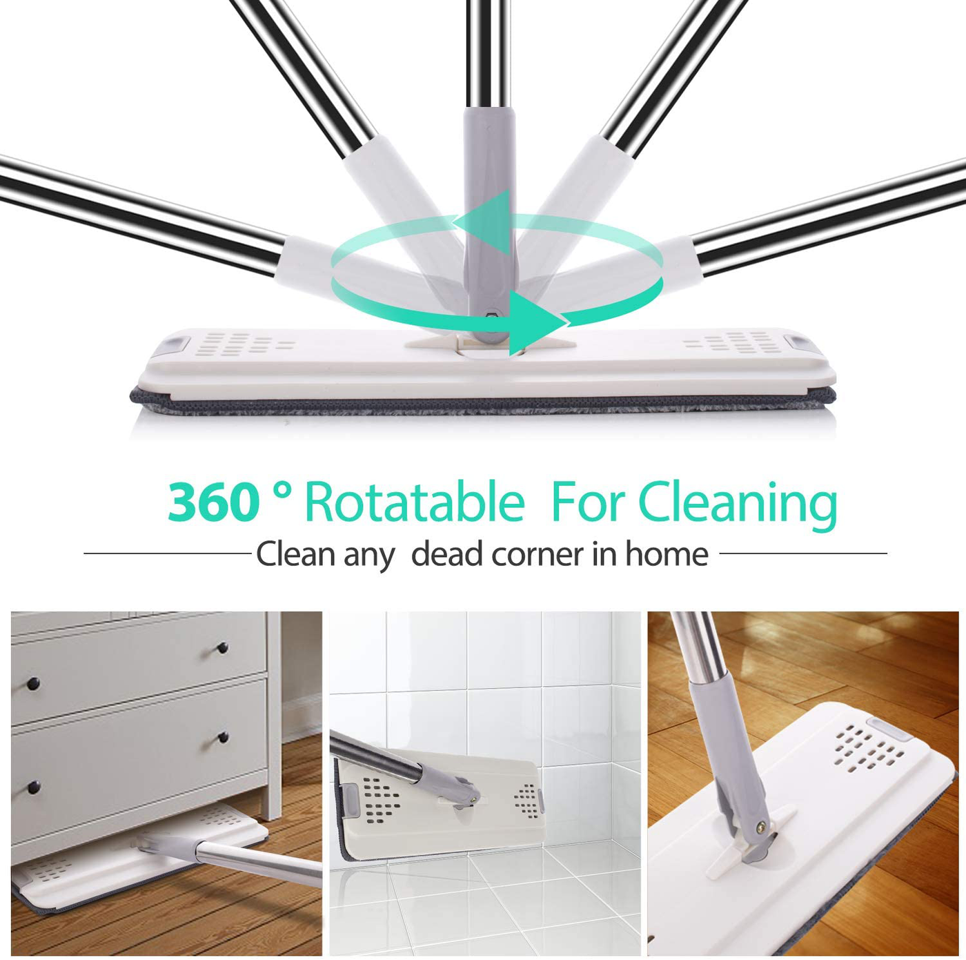 Floor Mop with Bucket Hands-Free Squeeze Microfiber Mop System 360° Flexible Head Mop with 6 Reusable Microfiber Pads, 48'' Extended Stainless Steel Handle for Floor Cleaning (Classic Style)