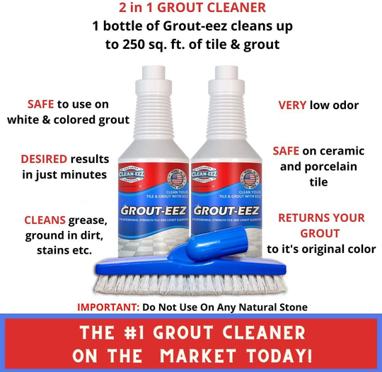 IT JUST WORKS! Grout-Eez Super Heavy Duty Tile & Grout Cleaner and whitener. Quickly Destroys Dirt & Grime. Safe For All Grout. Easy To Use. 2 Pack With FREE Stand-Up Brush. Clean-eez